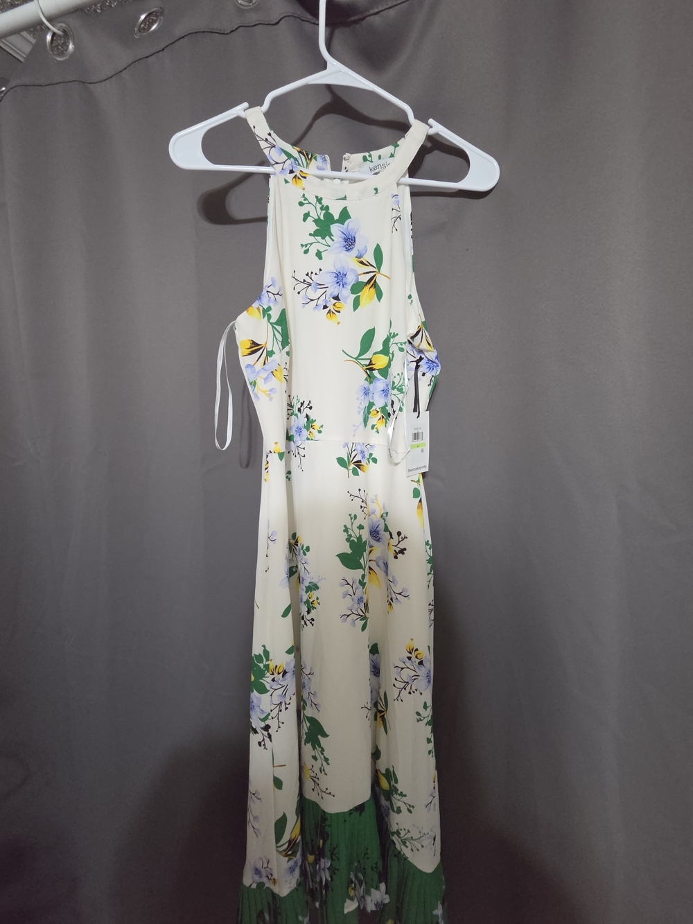 Kensie Cream Halter Maxi Dress with Green and Yellow Floral Print